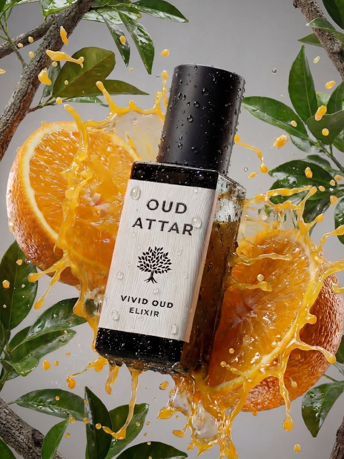 Vivid Oud elixir among split oranges and green leaves